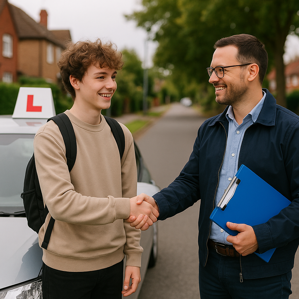 a young learner driver shaking hands with a driving instructor beside a car, ready for a lesson on a quiet suburban stre…
