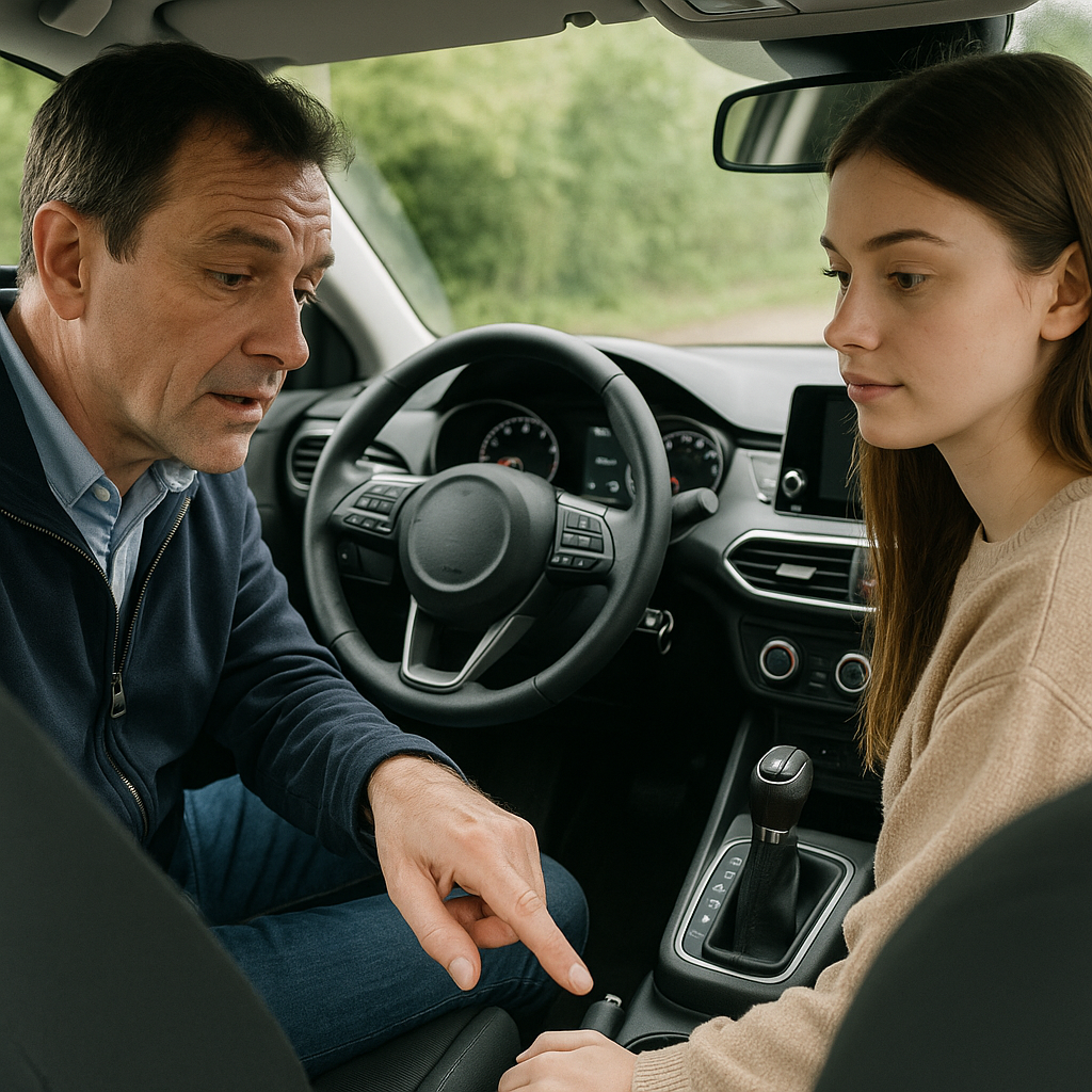 a close-up shot of an instructor pointing out the car controls to a learner driver inside a modern hatchback
